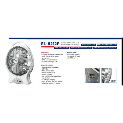 Wholesale-Ludger EL-8212F Portable 12" Rechargeable Fan-Fans-Lud-EL8212f-Electro Vision Inc