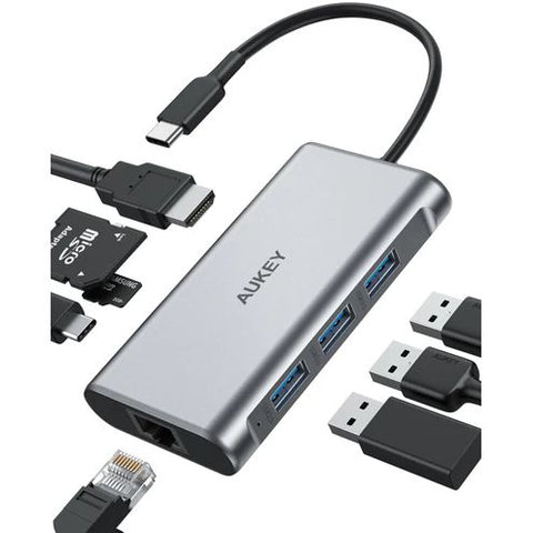 Wholesale-AUKEY CBC91 8 in 1 USB C Hub with 4K HDMI, Gigabit Ethernet Port Silver-USB Hub-Auk-CBC91-Electro Vision Inc