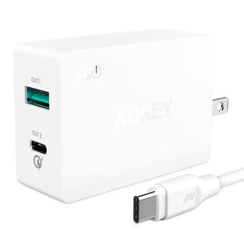 Wholesale-Aukey Wall Charger, Quick Dual Charging 3.0 with USB-C Cable-Charger-Auk-PAY2-Electro Vision Inc