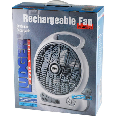 Wholesale-Ludger EL8210F Portable 10 Inch Rechargeable Utility Fan with LED Lights, FM Radio, and USB Charger-Fans-Lud-EL8210F-Electro Vision Inc