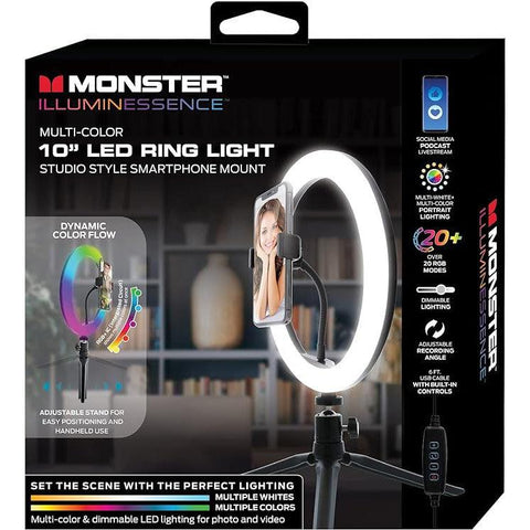 Wholesale-Monster MSV71010RGB - Multi-color 10" LED Ring Light Smartphone Mount, 6ft USB Cable-Ring Light-Mon-MSV71010RGB-Electro Vision Inc