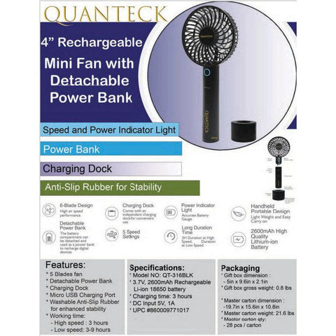 Wholesale-Quanteck 4" Rechargeable Mini Fan (5 Speed) w Detachable Power Bank (GRAY)-QT-316GRY-Electro Vision Inc