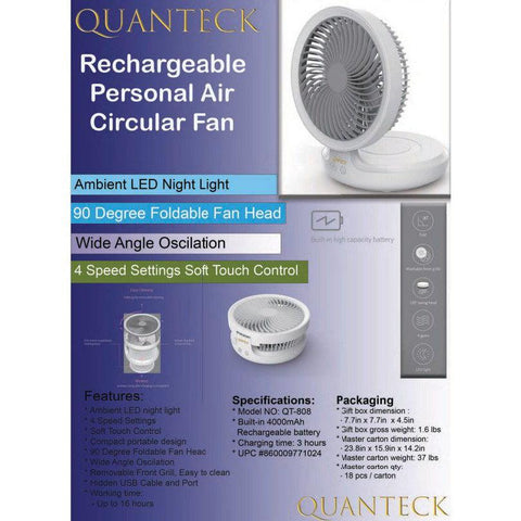Wholesale-Quanteck 8" Rechargeable Table Fan w LED Light, Swing Head Function-Fans-QT-808-Electro Vision Inc