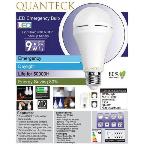 Wholesale-Quanteck 9W Emergency LED 6500K-E27, AC85-265V-Light Bulb-QT-9W-Electro Vision Inc