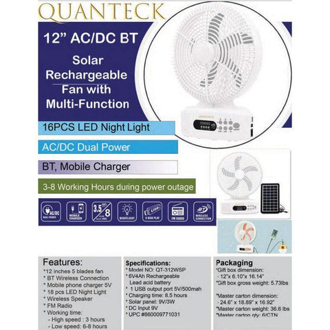 Wholesale-Quanteck Rechargeable Solar Fan w/ BT USB Speaker 9V3W Solar Panel-Fans-QT-312WSP-Electro Vision Inc