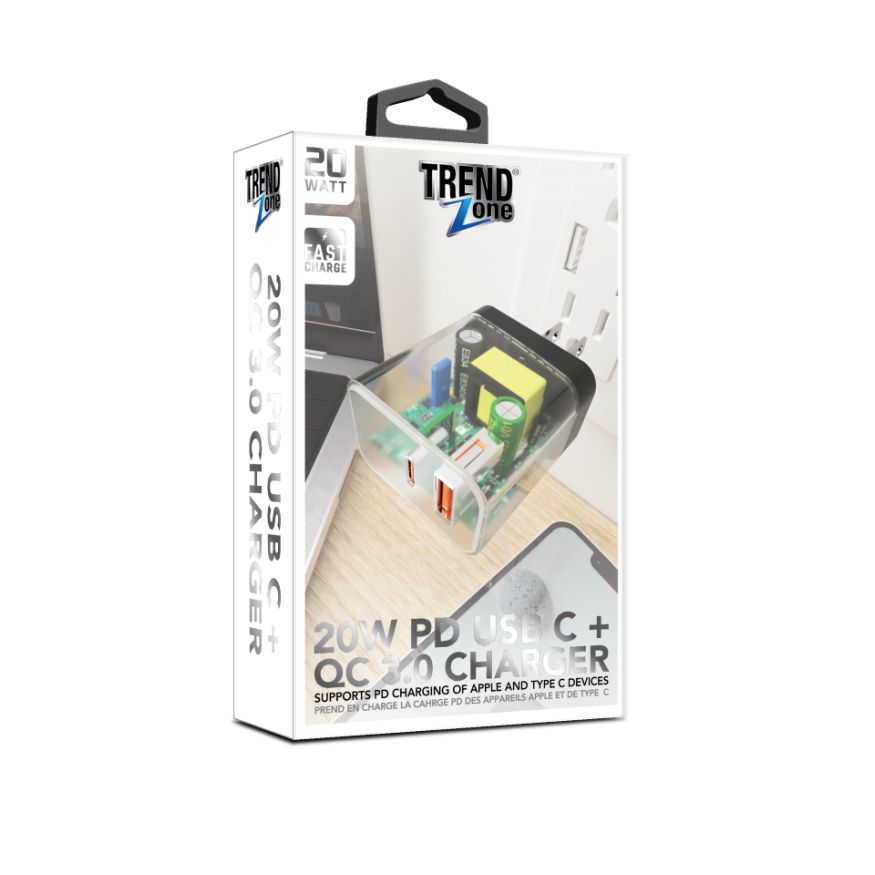 Trend Zone TZ1562 20W PD Transparent Home Charger (USB A + USB C ...