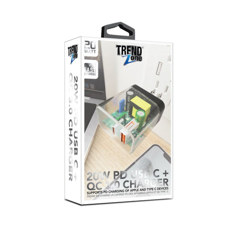 Wholesale-Trend Zone TZ1562 20W PD Transparent Home Charger (USB A + USB C)-Charger-TZ-1562-Electro Vision Inc