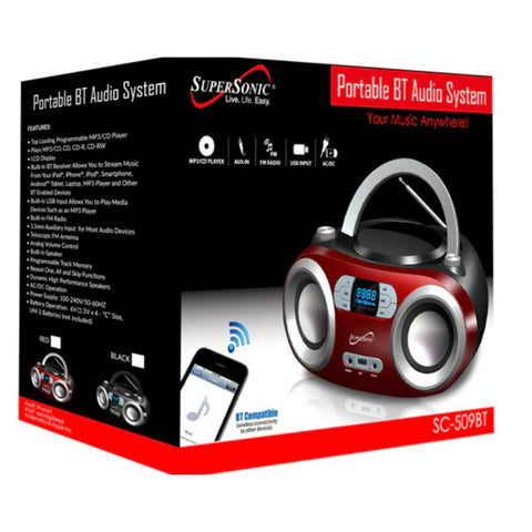Wholesale-Supersonic SC509 Boombox w Bluetooth USB CD - Red-Boombox Radio Alarm-Sup-SC509-Red-Electro Vision Inc